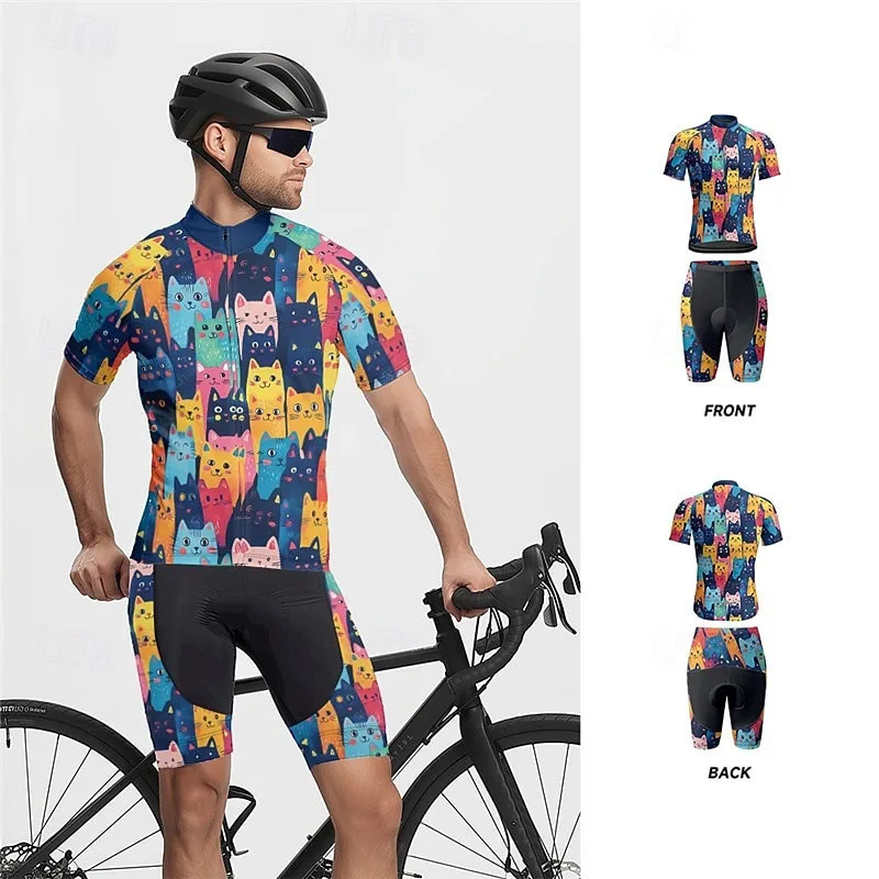 Colorful Cat Cycling Jersey Set Men Short Sleeve Shorts Gel Breathable Pad Cycling Clothing Bicycle Wear Jersey Kit Mtb