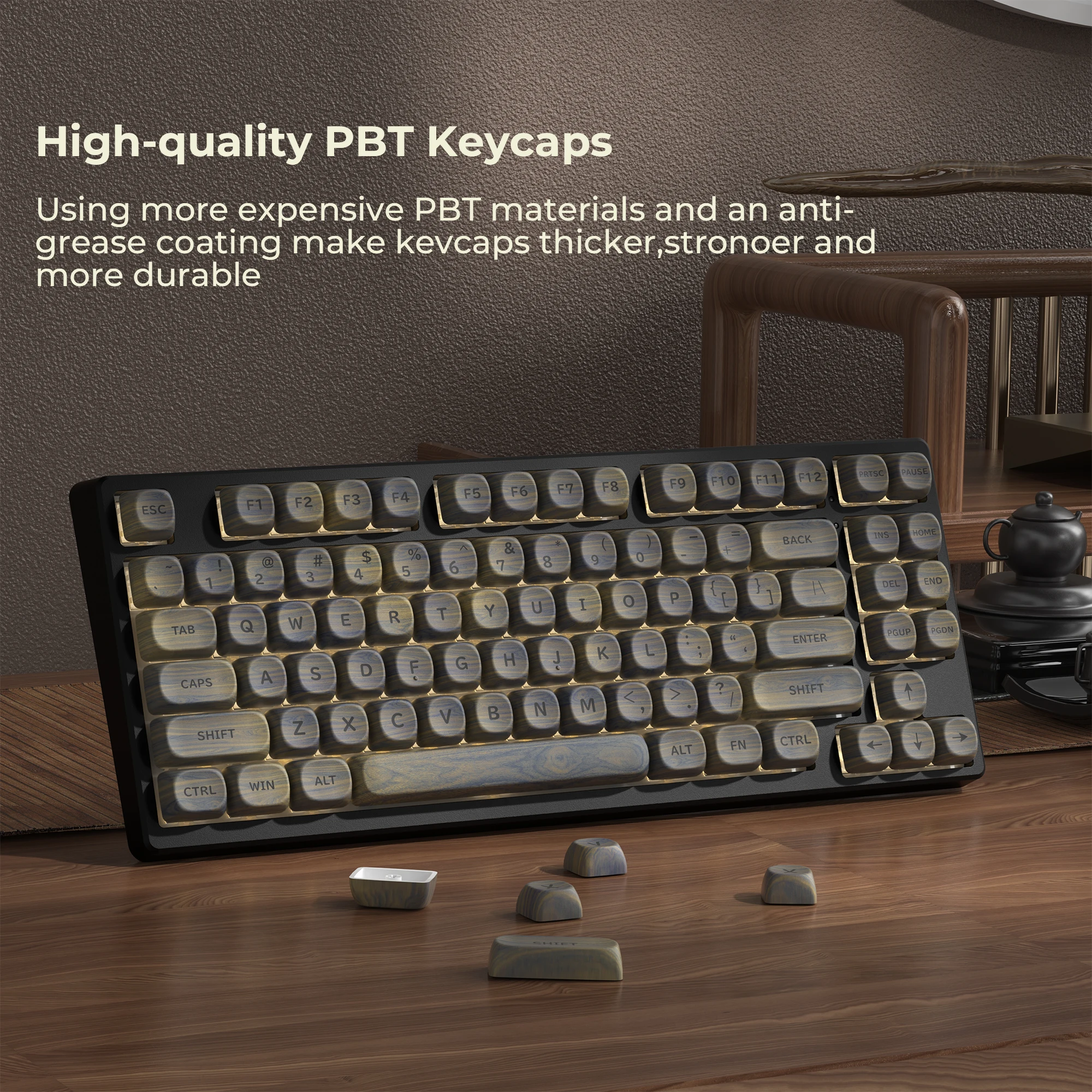 XVX 130 Keys MOA Profile Dark Walnut Wood Theme PBT Customs Dye Sub Keycaps for 61/87/104 Cherry MX Gaming Mechanical Keyboard