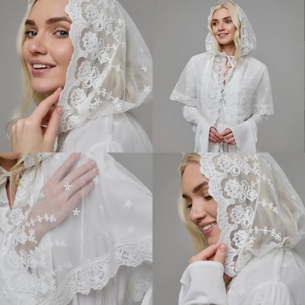 

M6CD Embroidery Lace Shawl Formal Occasion Turban Veils Headwrap for Church Prayers