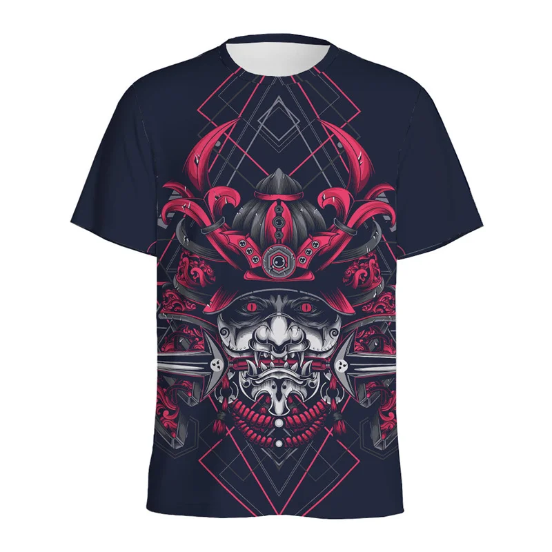 Japanese Samurai Mask Pattern T-shirt For Men Retro 3D Printed Tee Shirt Tops Round Neck Short Sleeves Street Loose T Shirts