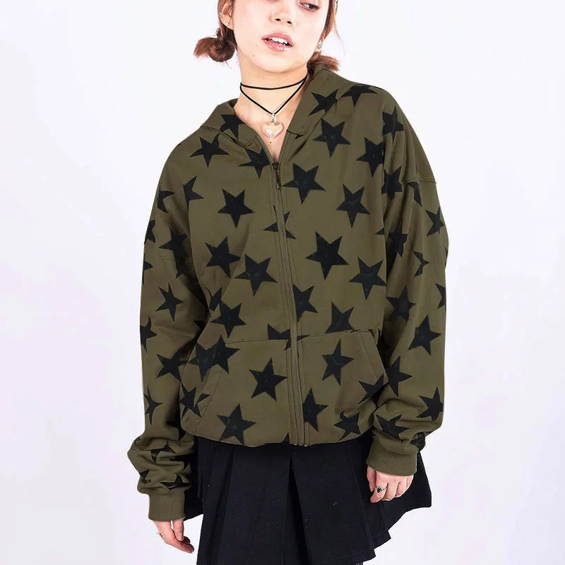 2000s Y2k Clothes Vintage Star Oversized Sweatshirt Jacket Harajuku Goth Long Sleeve Women Sweatshirt Hip Hop Zip Up Hoodies Top