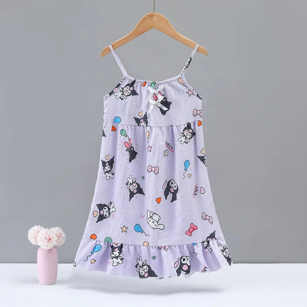 Kawaii My Melody Kuromi Thin Bubble Cotton Girls Nightgown Summer Anime Sanrio Girly Heart Cute Children's Suspender Pajamas