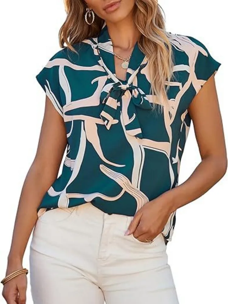 Women Summer Style Blouses Shirts Lady Casual Short Sleeve Bow Tie Collar Printed Blouse Tops