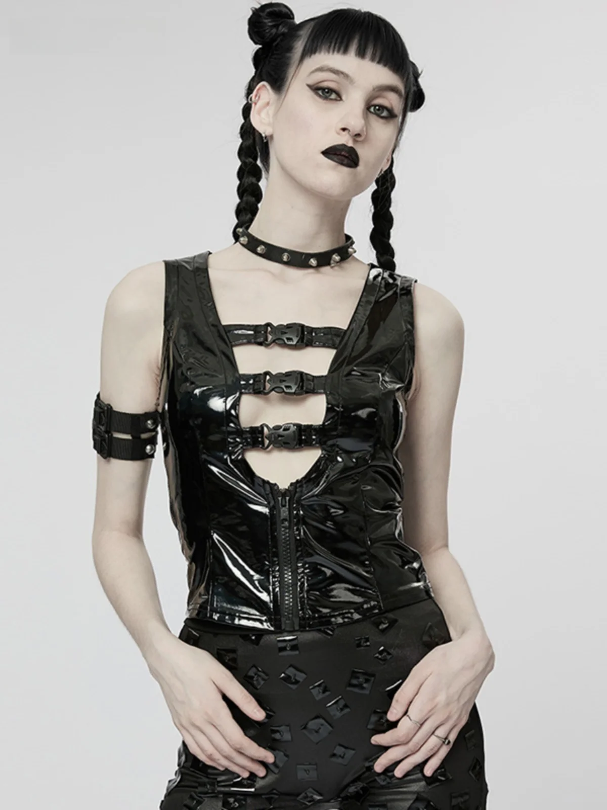 Punk Style Sexy Leather Vest Women's Slim Fit Sleeveless Top Hollow out Design Street Fashion Pure Color Polyester Blend