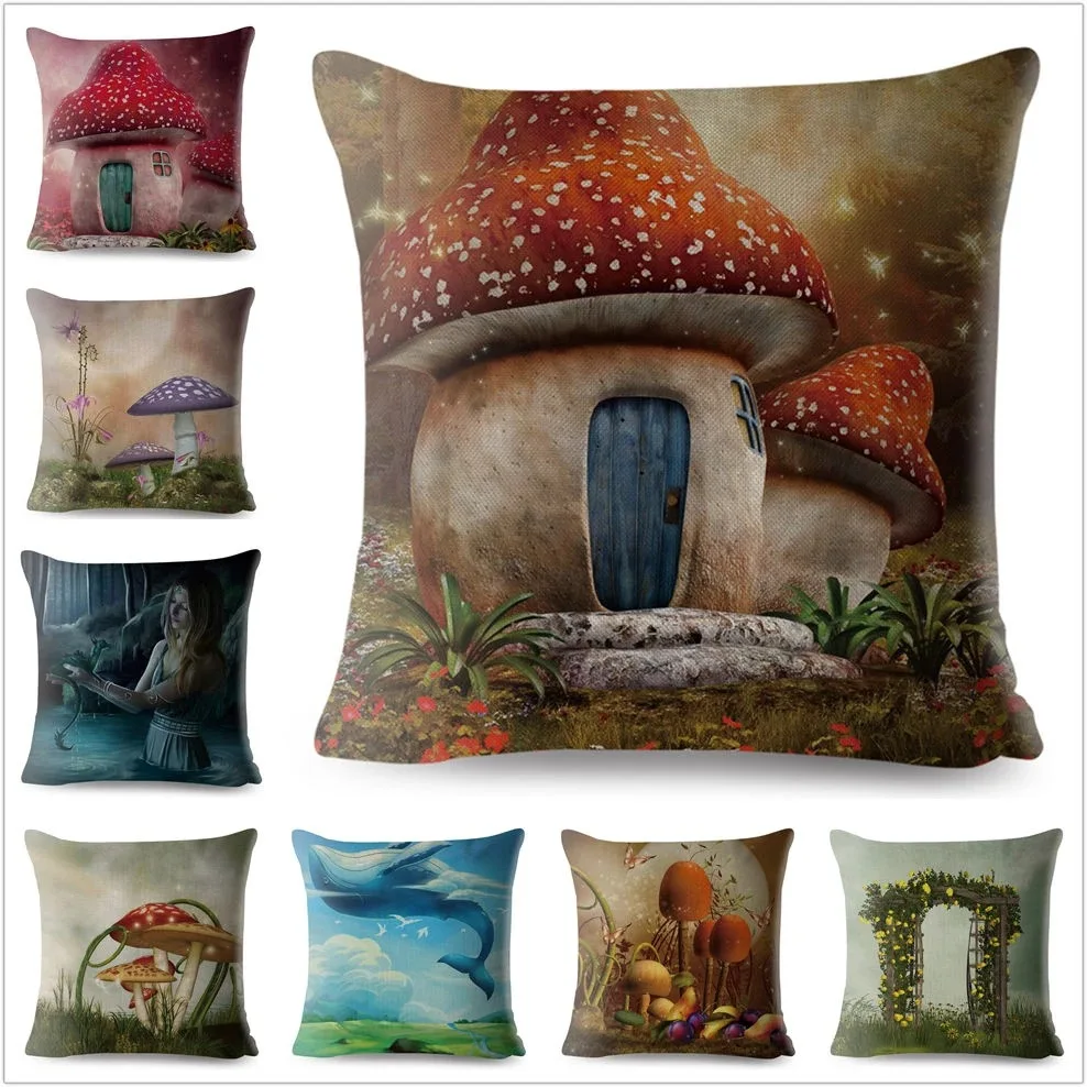 

Mushroom House Cotton Linen Pillow Case Fairy Tales Pillow Covers Decorative Cushions for Bed Pillowcase 40x40 Cm Sofa Couch