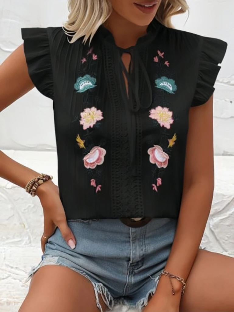 夏半袖女性ブラウスシャツファッションフリル襟刺繍ブラウスシャツ女性トップス Camisas デ Mujer Blusas Q286