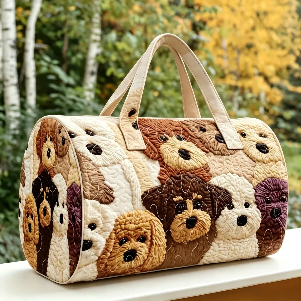 Cute Dog Tube Bag Large Capacity Travel Handbag White Brown Black Plush Dog Pattern Warm Women's Weekend Luggage