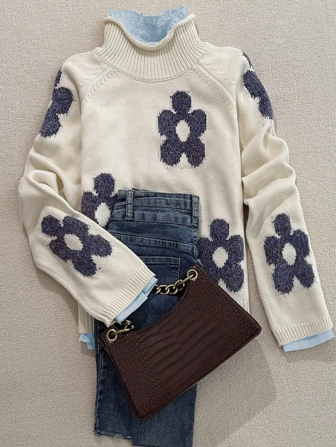 

Floral Knit High Neck Sweater for Women, Loose Fit Long Sleeve Fall Winter Top, Casual Office Wear