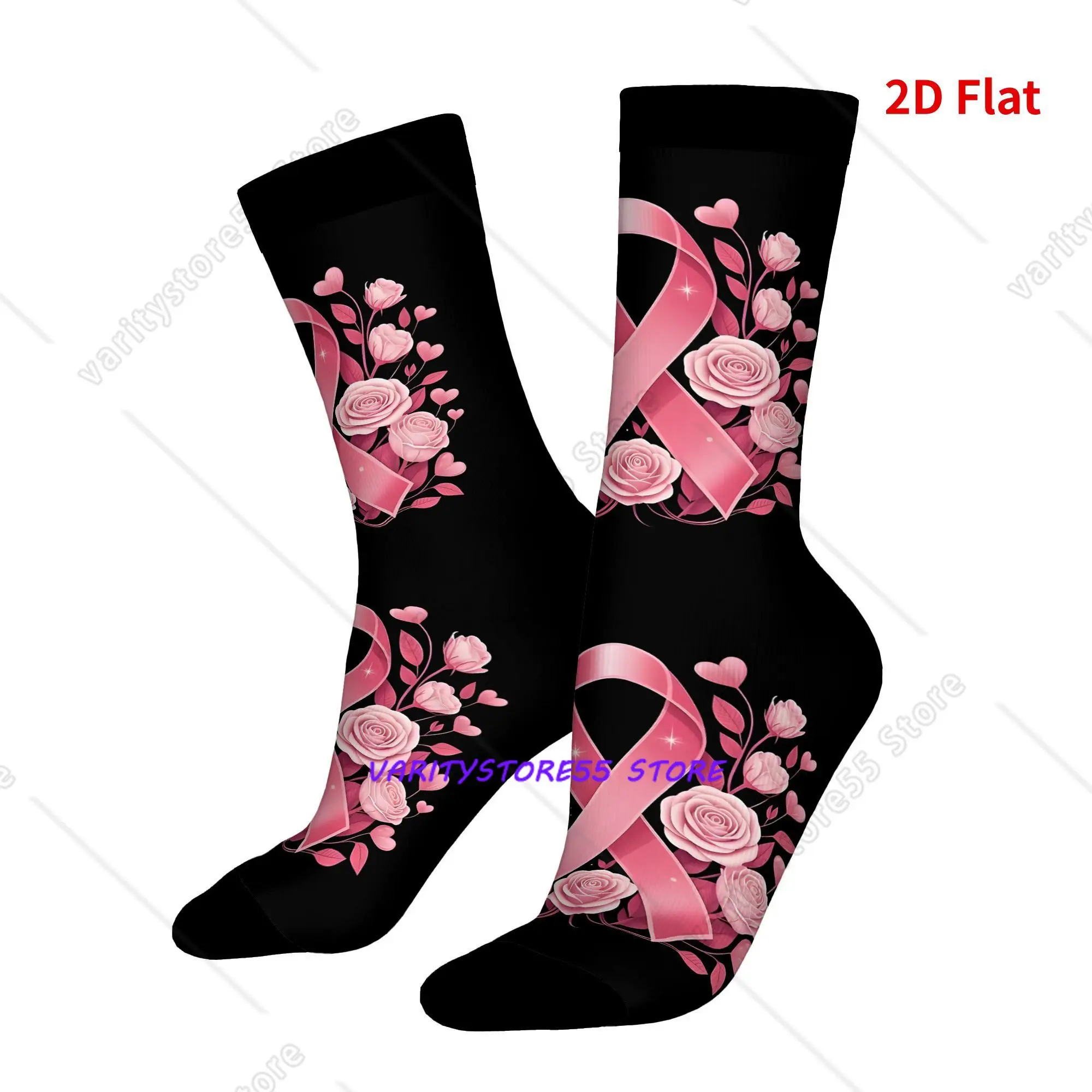 Pink Ribbon with Roses Breast Cancer Awareness Pattern Print Kawaii Socks Breathable for Sports Seasonal Additions Sock