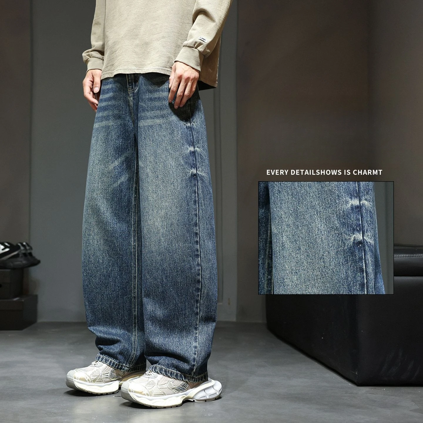 American-style Deconstructed Large Curved Cut Washed Jeans A Men's Trendy Brand Loose Straight-leg Wide-leg Casual Pants Pants