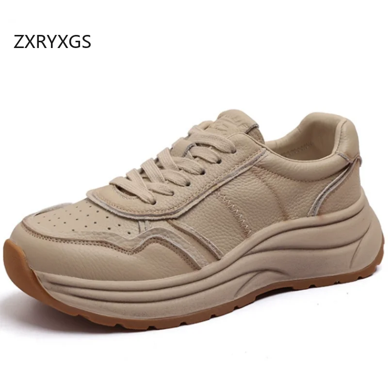 ZXRYXGS Promotion Top Cowhide Lace-up Women Sneakers Shoes 2026 Autumn Comfortable Versatile Height Increasing Casual Sneakers