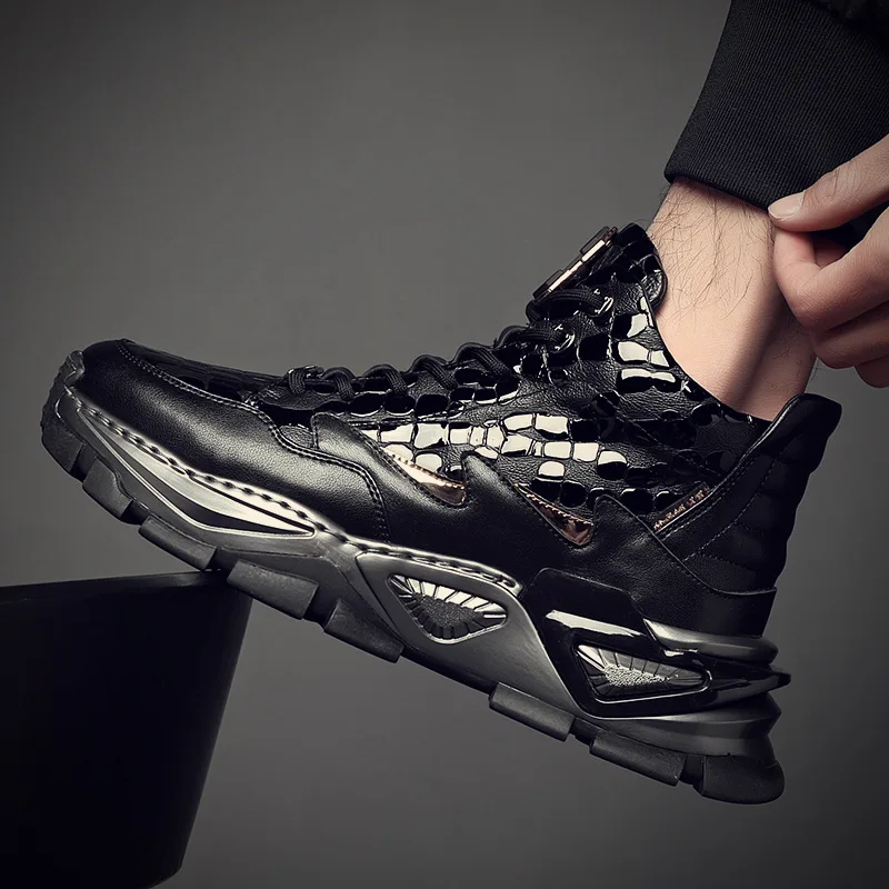 

Модная мужская обувь из натуральной кожи, роскошные оригинальные спортивные корейские яркие высокие кроссовки из лакированной кожи крокодила, спортивные прогулочные кроссовки