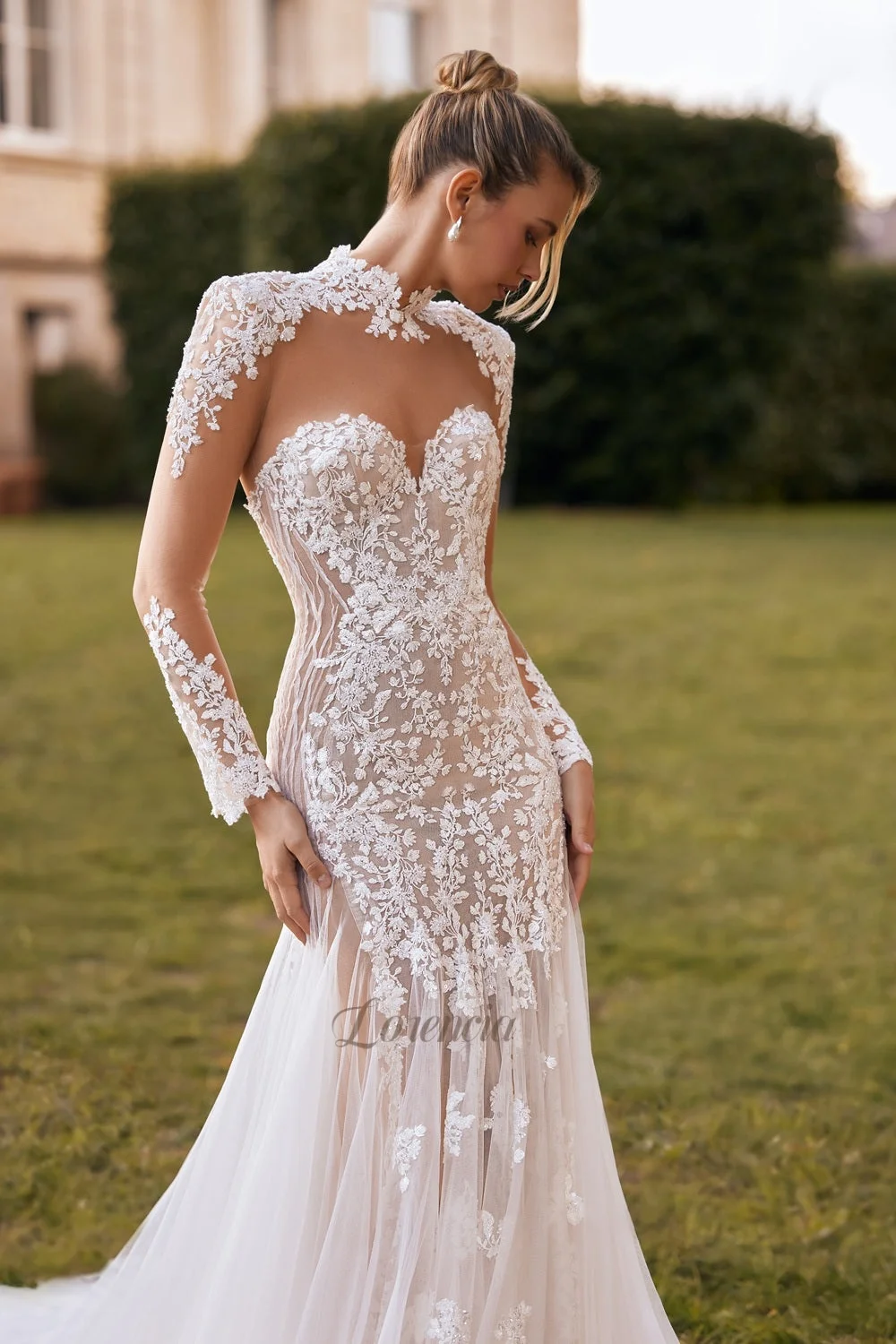 Lorencia Long Sleeves Lace Mermaid Wedding Dresses High Neck Illusion Back Trumpet Bridal Gowns Customized Fitted Bride Dress