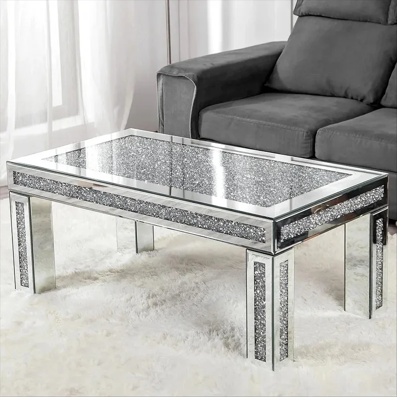 

Crushed Diamond Furniture Glass Coffee Center Table Living Room Modern Bedroom Furniture Silver Wooden Mail Order Packing 50pcs