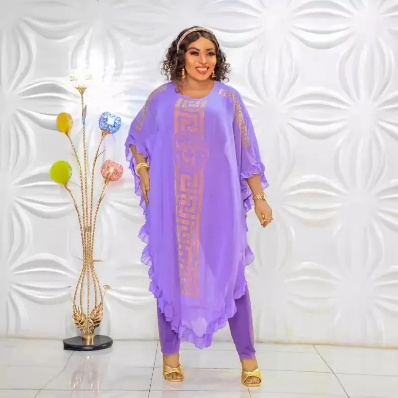 

African Plus Size Chiffon Medium-Length Three-Piece Suit Ultra-Fine Fiber Five-Sleeve Fly Sleeve Chiffon Skirt Set