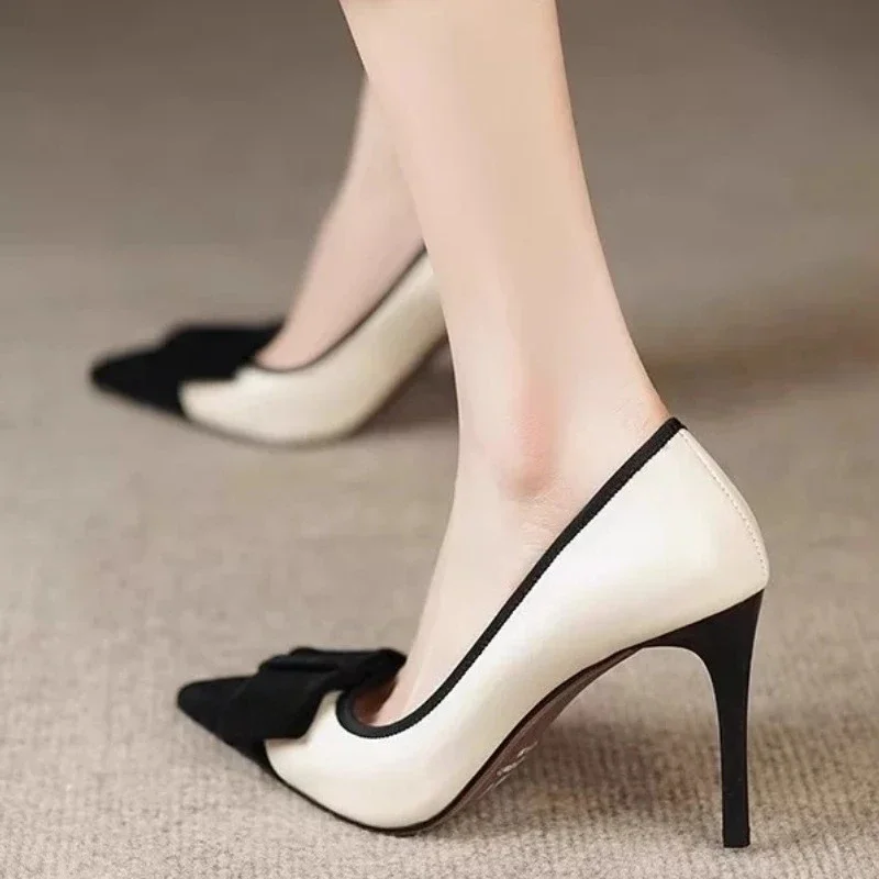 Sharp pointed single shoes for women, light mouthed color blocked bow high heels, slim heels, sexy and fashionable women's shoes