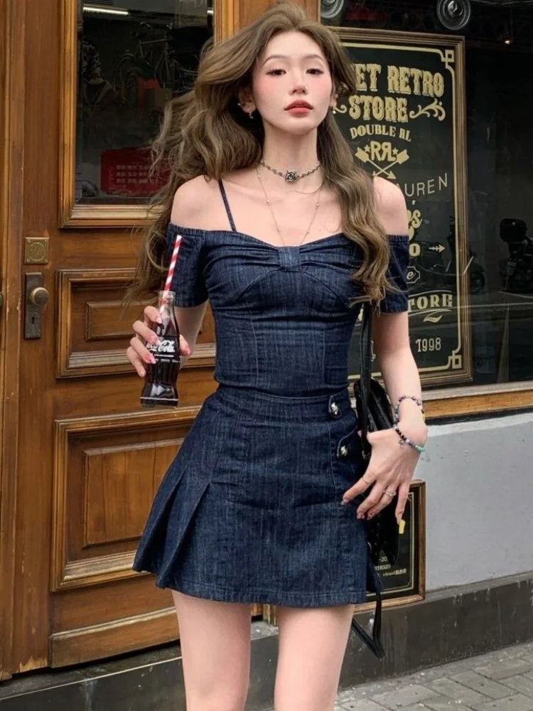 Female Outfits Short Sexy Mini Night Club Women's Denim Skirt Two Piece Set Stylish Vintage Cheap Clothing 2025 New In Offers