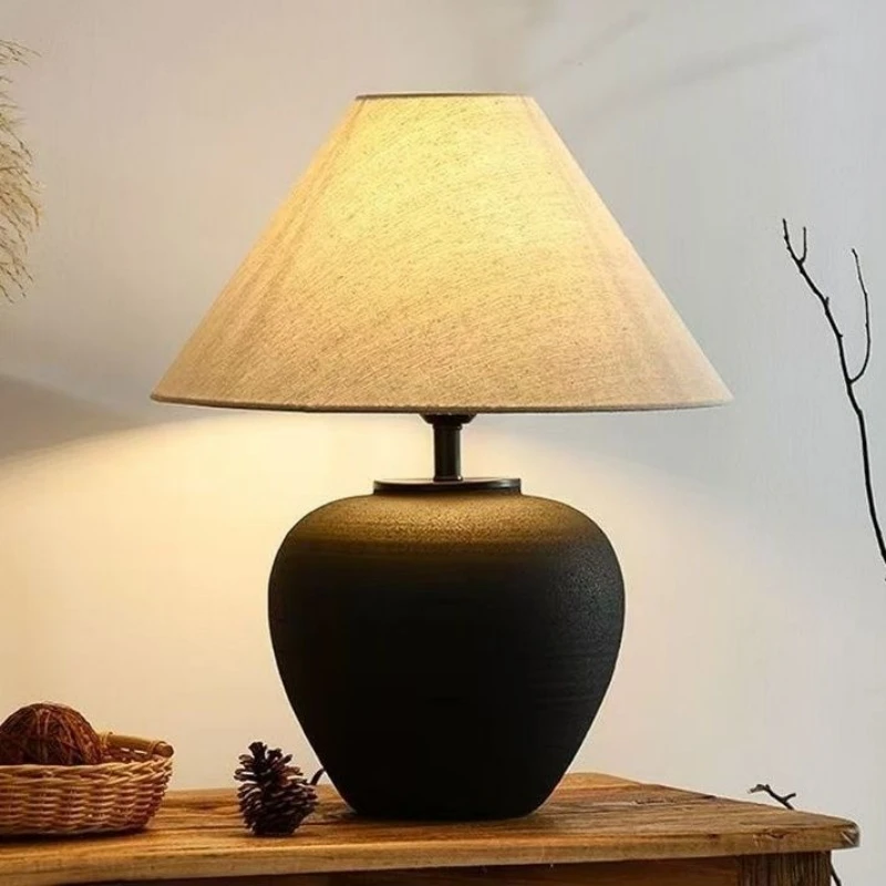 

Vintage Ceramic Table Lamp Wabi Sabi Bedroom Bedside Standing Lamp For Living Room Sofa Hotel Home Decor Retro LED Desk Lighting