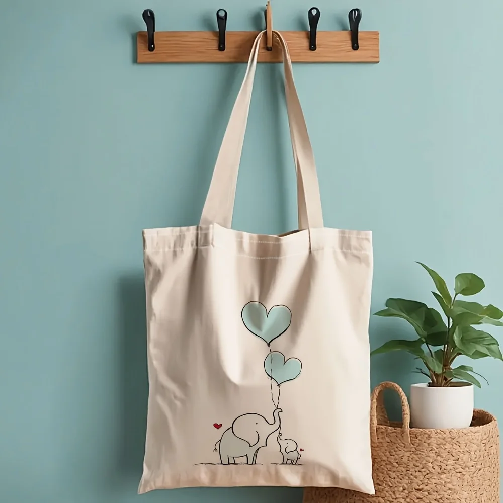 Double-Sided Print, Elephant Heart Balloon Tote Bag, Family Love Shoulder Bag, Parent Child Handbag