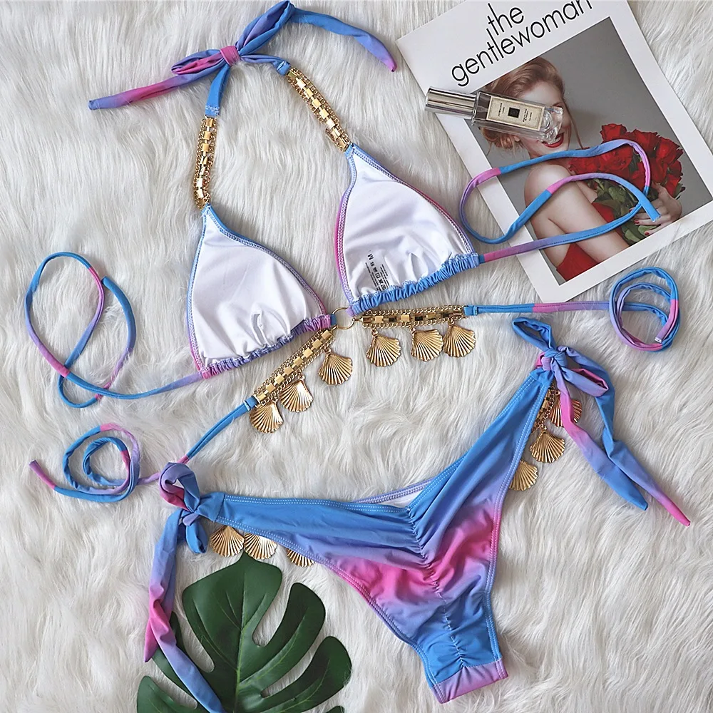 Shell Ketting Paarse Gradiënt Badmode Bandage Halter Bikini Sets Sexy Badpak Vrouwen Strass Thong Bader Driehoek Bikini