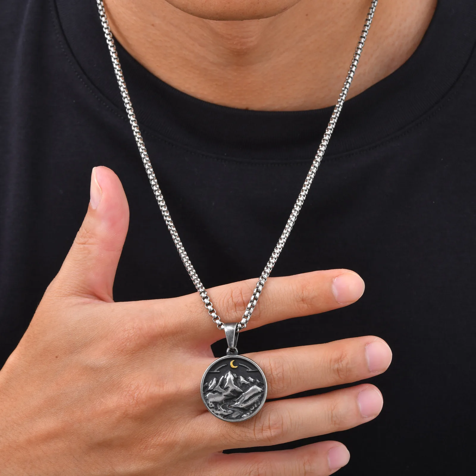 Vintage Mountain River Round Pendant Necklace for Men,Stainless Steel Grey Landscape Charm Nature Necklaces,Punk Jewelry Gift