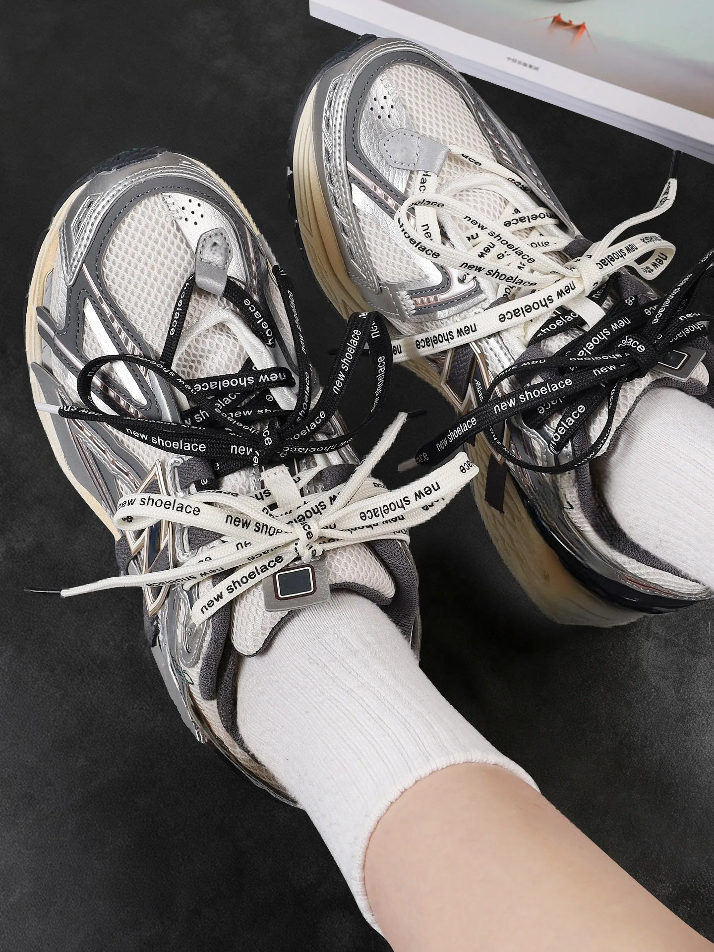 1 Pair New Dual Layer Black White Trendy Fashion Contrast Color Letter Print Flat Shoelaces Shoe Accessories
