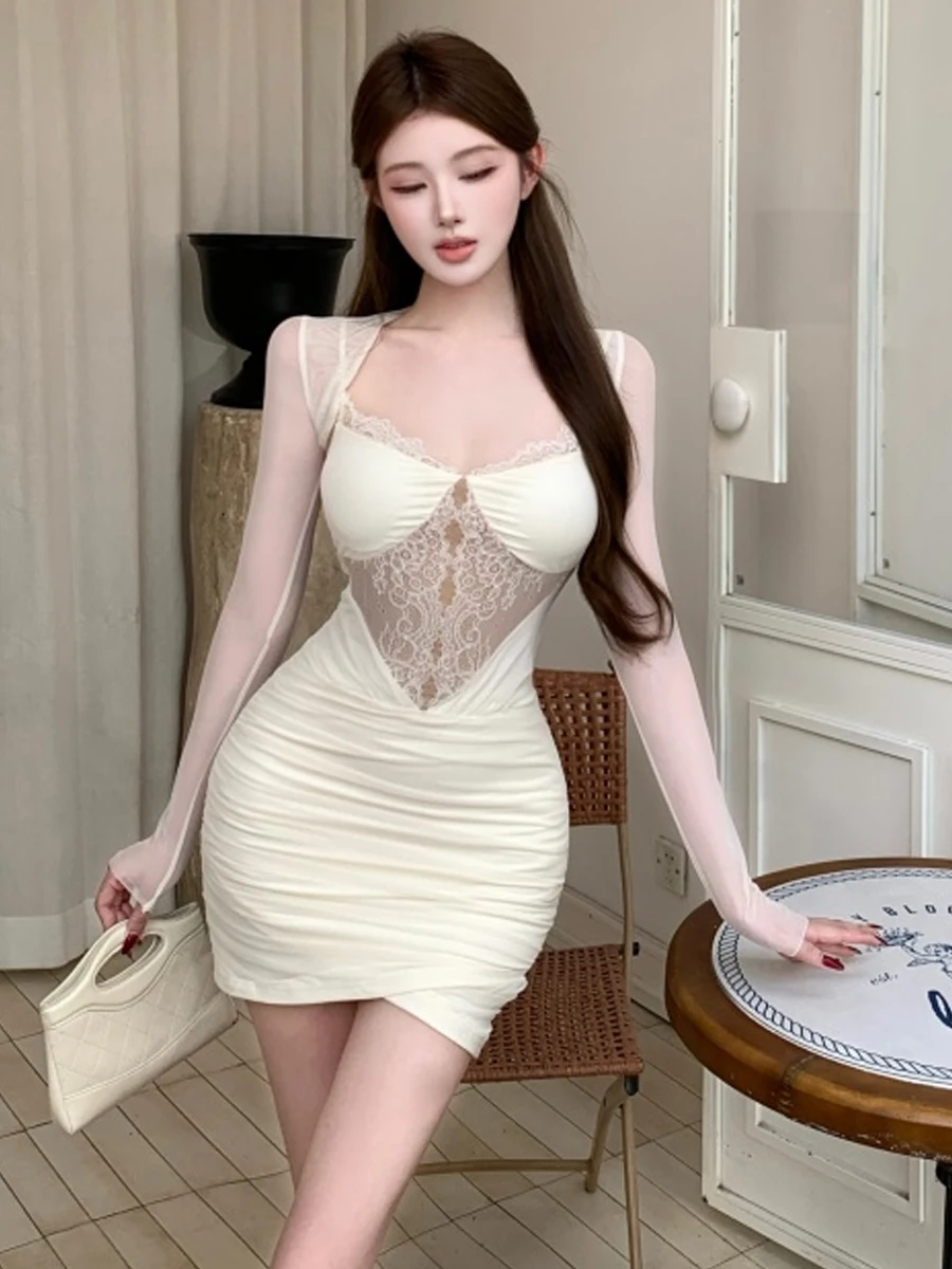 Sexy Lace Patchwork Dress High Waist Slim Fit Asymmetrical Skirt Net Cover up Long Sleeve City Commute H-Shape French Style
