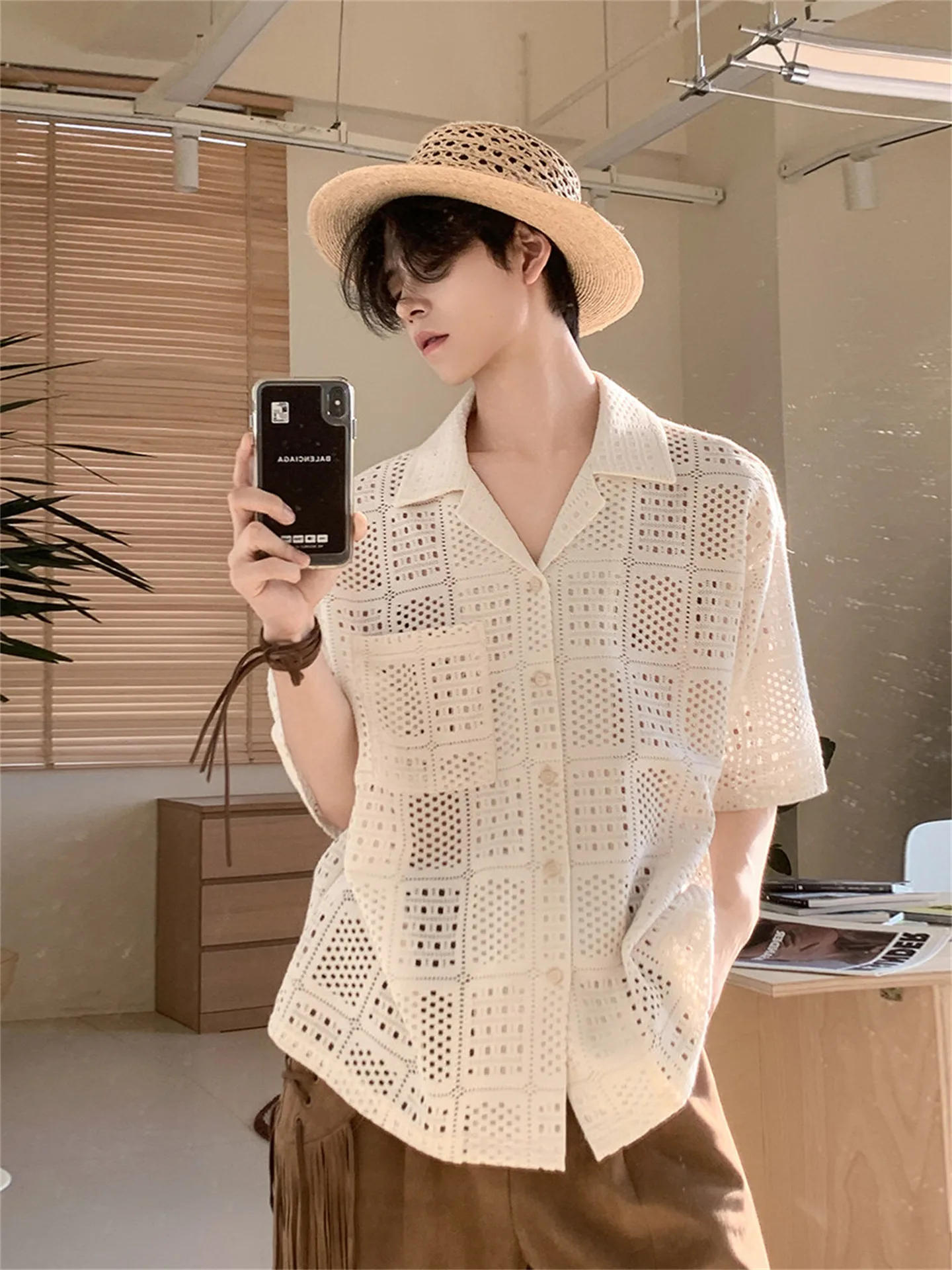

Summer Hollow Out Knitted Shirt For Men French Casual Fashion Simple Loose Vacation Style Lapel Single Breasted Knitting T-shirt