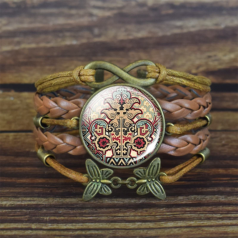 Aztec Calendar Bracelet Ancient Mexico Art Braided Leather Charm Bracelets for Man Women