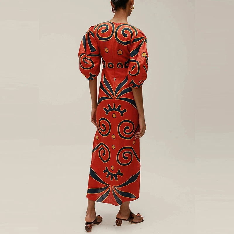 Abito da festa vintage con spacco laterale Taglio basso con scollo a V Modello stampato Abito a trapezio Maniche a sbuffo Abito lungo da donna slim fit a vita alta