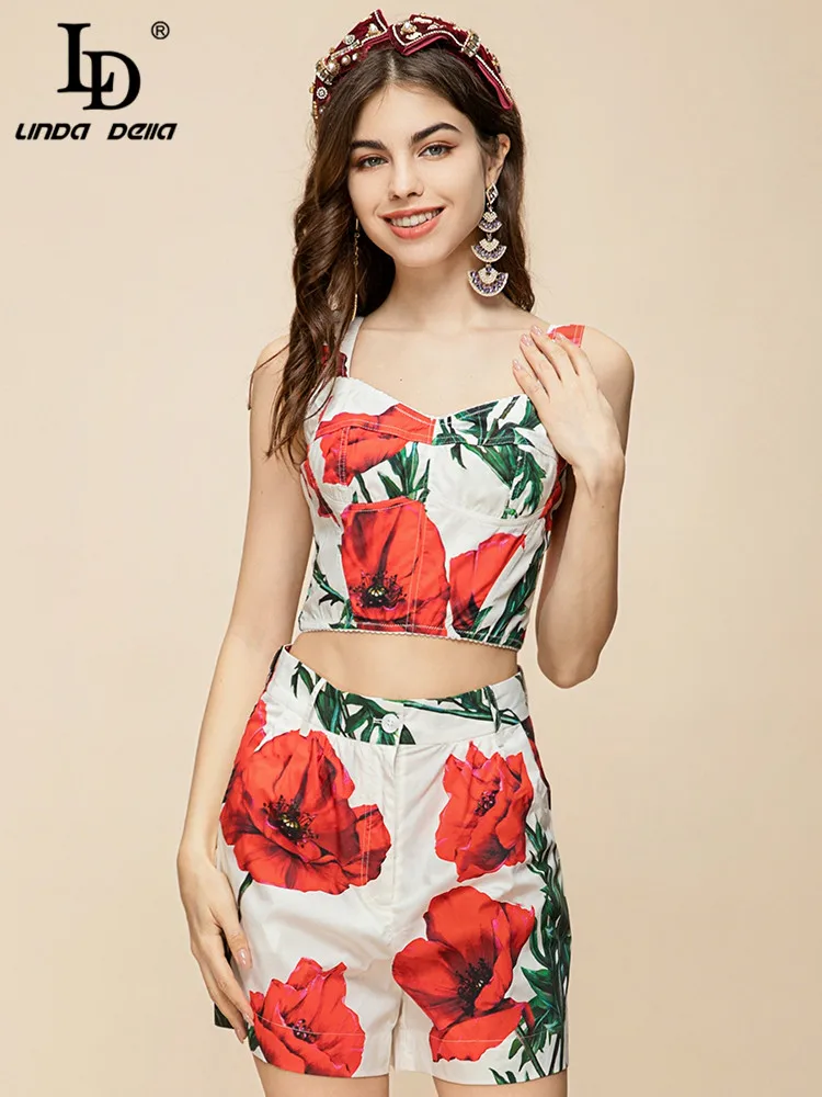 LD LINDA DELLA Summer Fashion Designer Cotton Shorts Sets Women's Short Spaghetti Strap Top + Floral printed Slim Shorts Suits