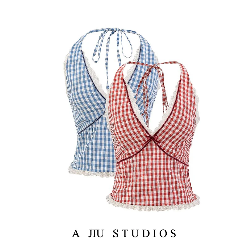 

Pure Desire Red Plaid Vest Strap Women Summer Splice Lace Sexy Ne Hanging Spicy Girl Top Сексуальный кружевной женский жилет Csole