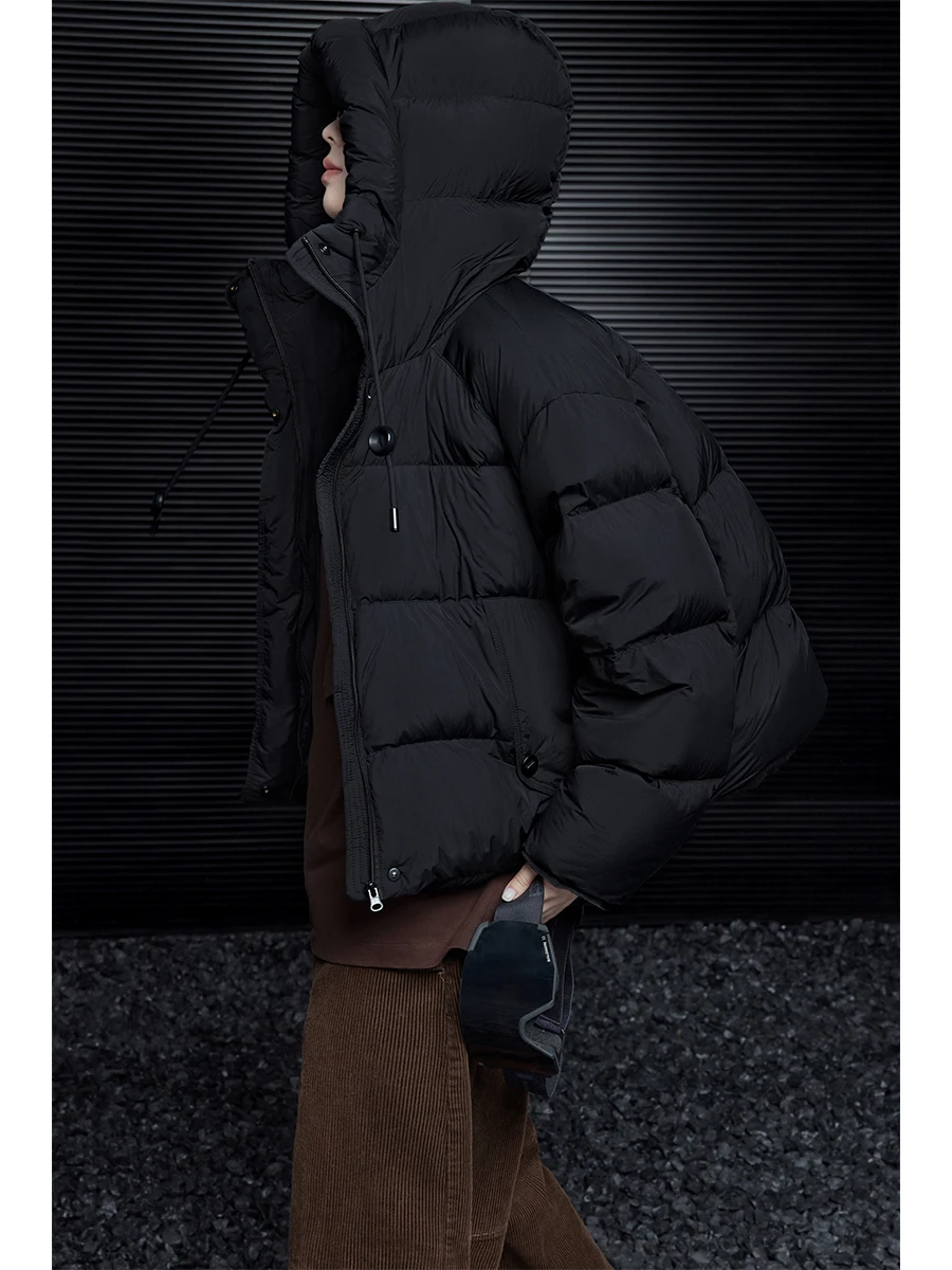 

Black Short Hooded down Jacket Women's 2024 Winter New Loose Lazy Style Street Fashion Straight Tube White Duck down Filling