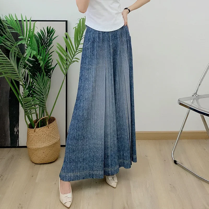 Miyake Imitation Denim Pleated Pants for Women's Autumn 2024 New Wide Leg Pleated Pants Casual Loose Straight Flared Pants