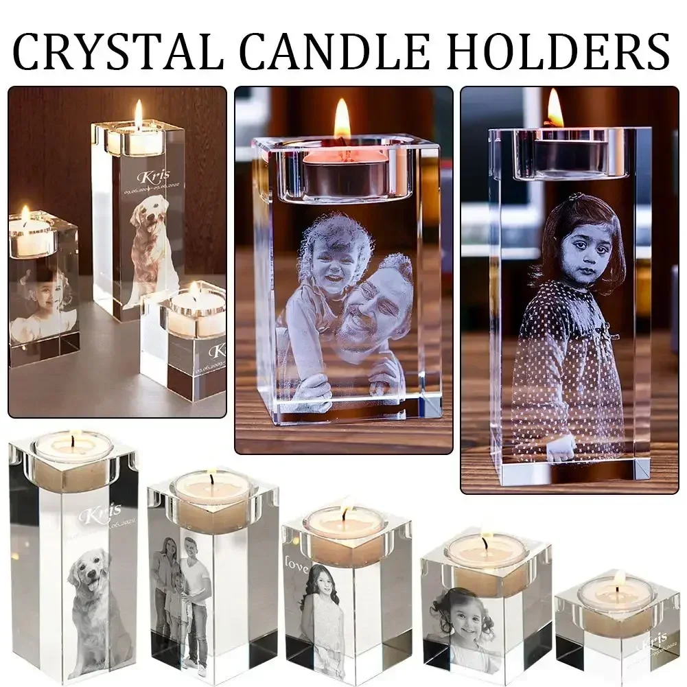 3D Custom Crystal Candle Holder Personalized Photo Engraved Clear Crystal Candlestick with Picture Text Birthday Christmas Gifts