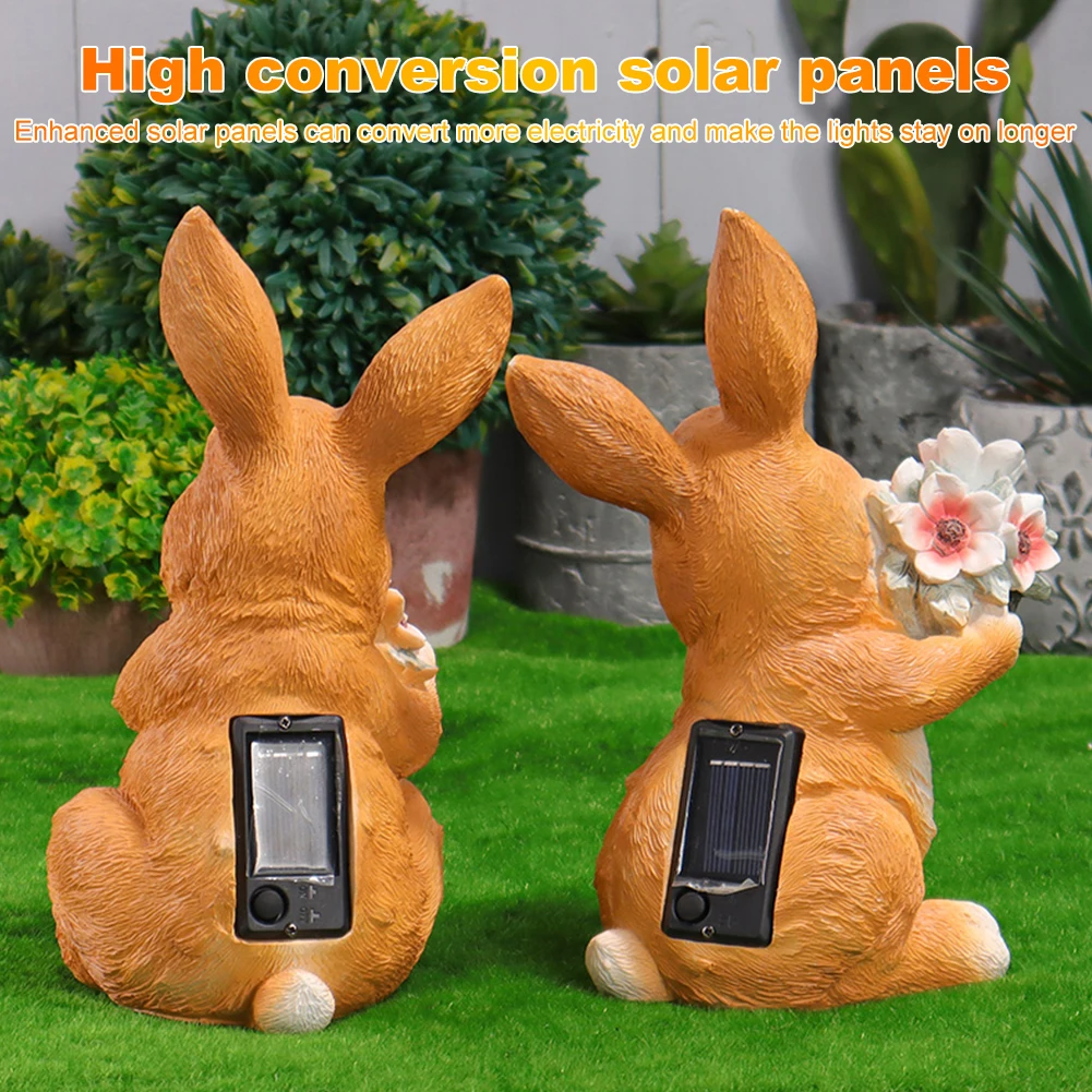 Easter Bunny Figure with Solar Powered Flower Light Waterproof Rabbit Sculpture Cute Bunny Ornament for Patio Yard Lawn Porch