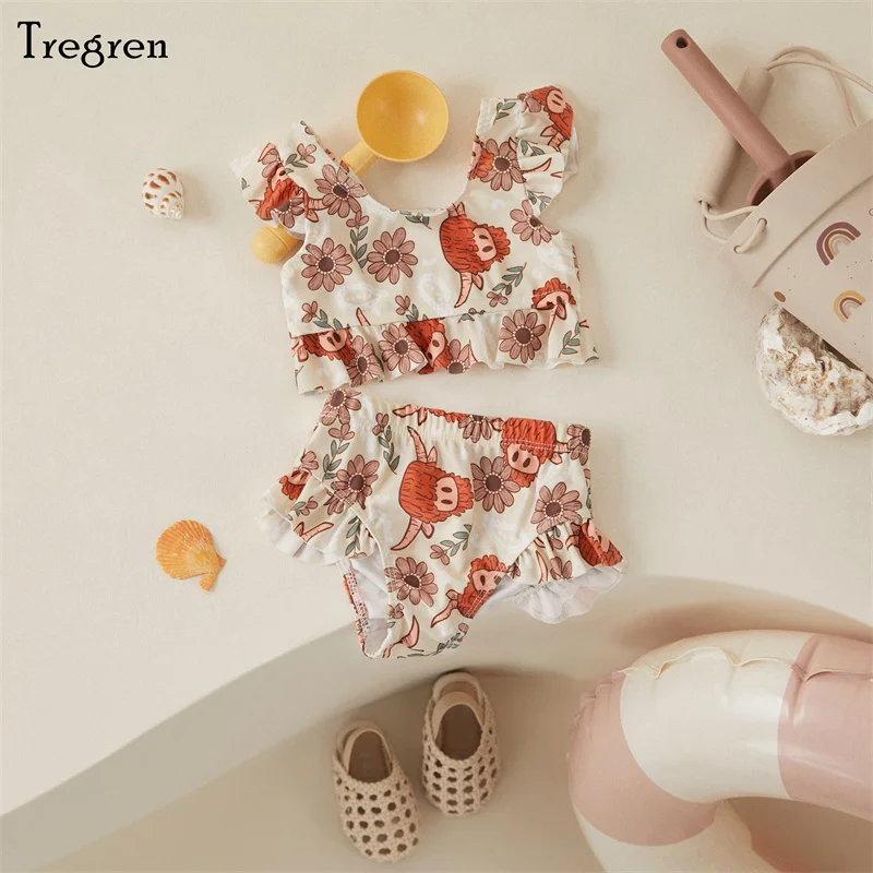 Tregren Cute Toddler Baby Girl Bikini Flower/Bull Head Print Swimsuit Ruffle Swimwear Summer Swimming Pool Hot Spring Beach Wear