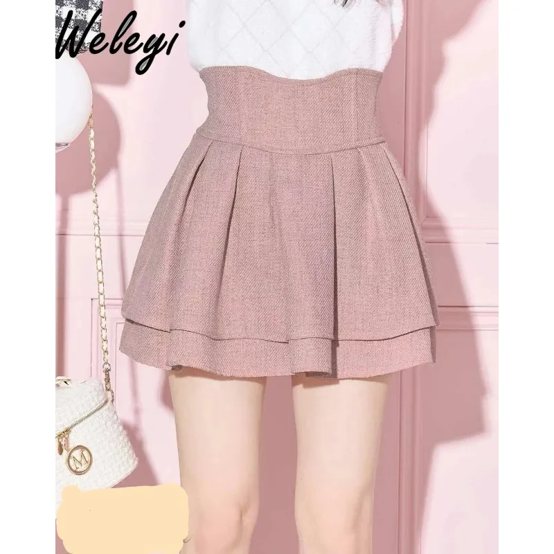 Japanese Mine Series Jirai Kei Pink Short Skirt Woman 2024 Spring New Cute Mass Production Curved Waistline Luxury Clothes Women