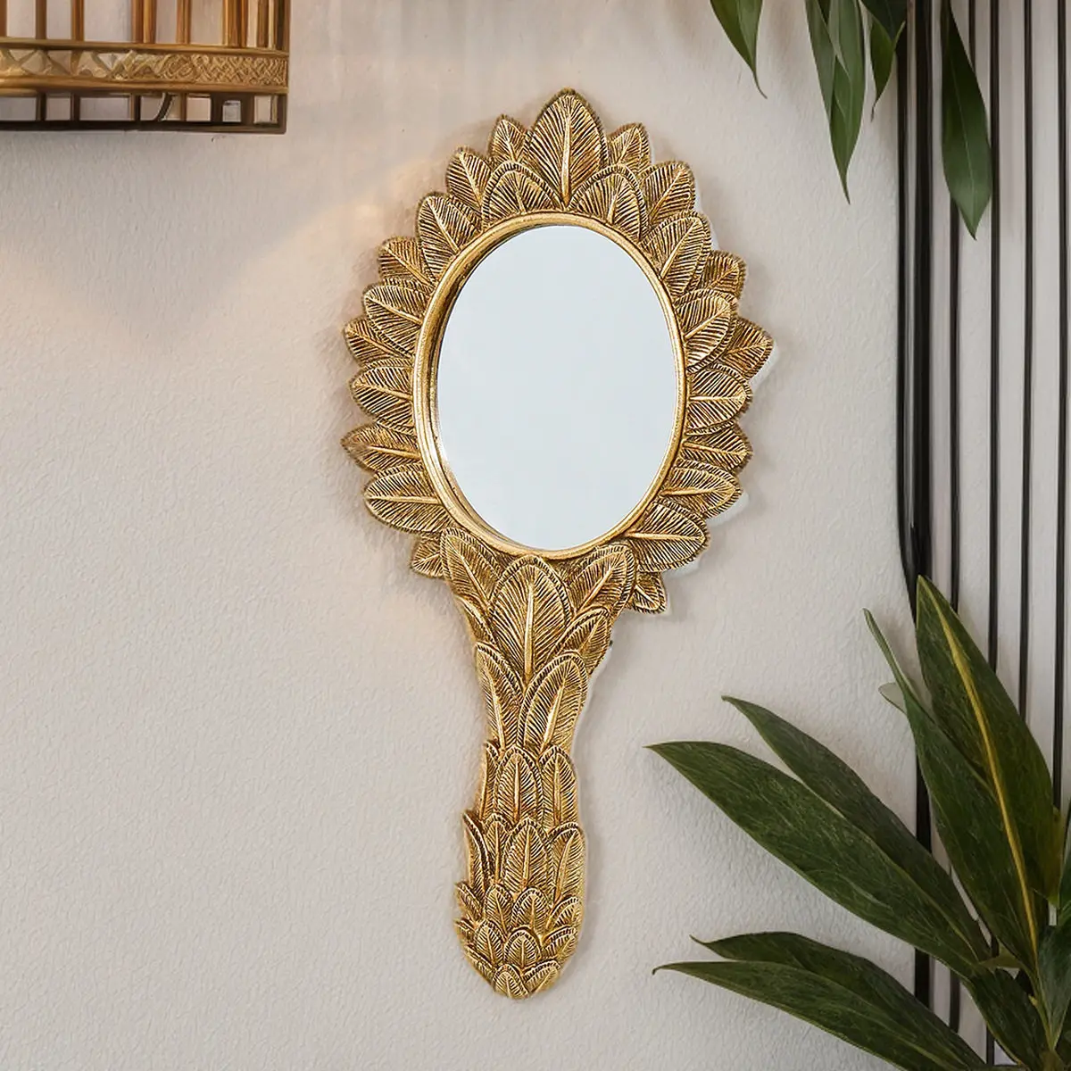 Vintage gold leaf embossed french-inspired feather carved wall decor hanging mirror