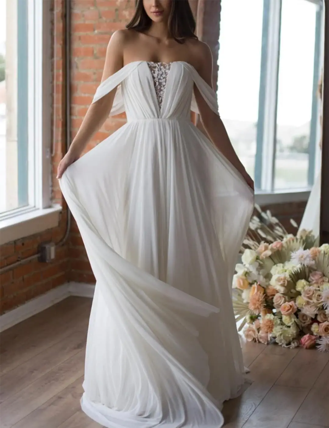 فساتين زفاف شيفون بدون أكتاف للنساء للعروس فستان زفاف بسيط على شاطئ بوهو