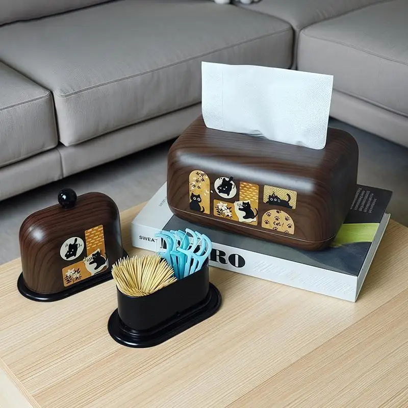 Vintage Simple Walnut Color Tissue Box Household Cat Wood Living Room Storage Carton Wooden Tissue Storage Box