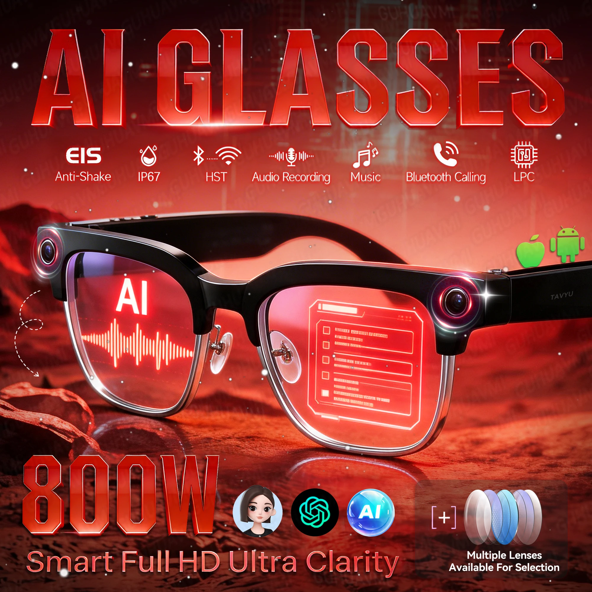 Newly Smart AI-Glasses Men Women 4K 800W Camera Photos&Video Recognize Translation ChatGPT Recording Music Color change Glasses