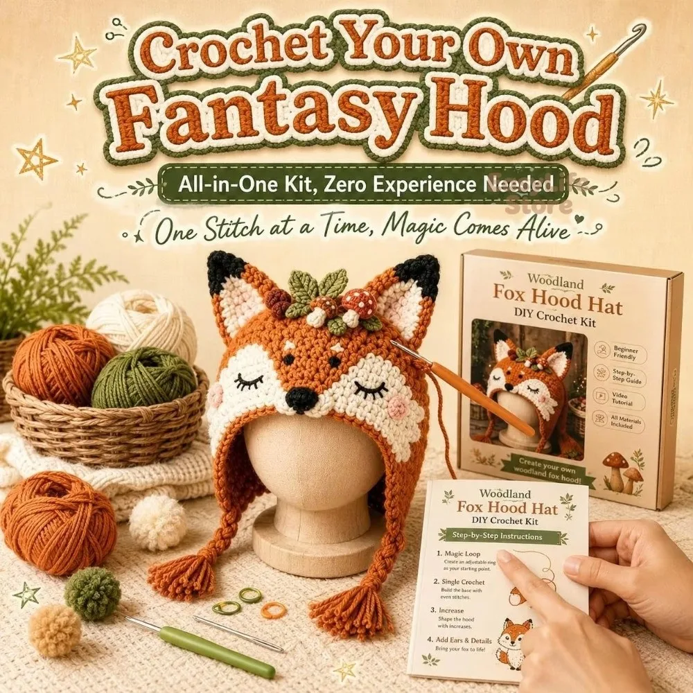 DIY Hood Hat Crochet Kit with Step-by-Step Guide Handmade Knitted Hat Crochet Kit Craft Animal Hood Hat Crochet Kit
