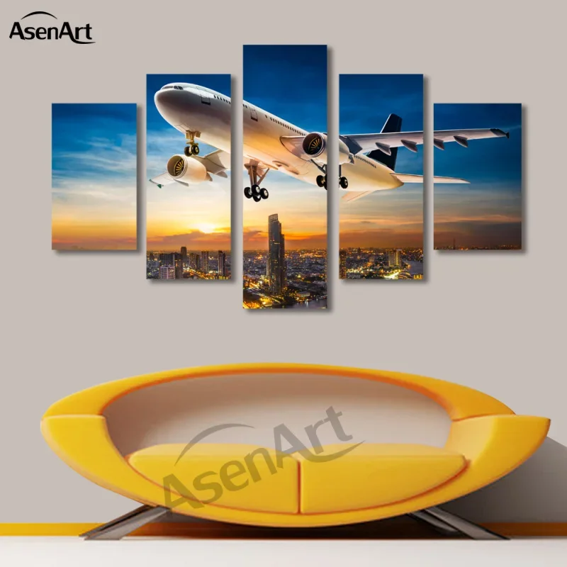 

5 Panels Airplane City Painting Sunset Canvas Print Picture for Living Room Wall Art Home Decoration 2016 No Frame