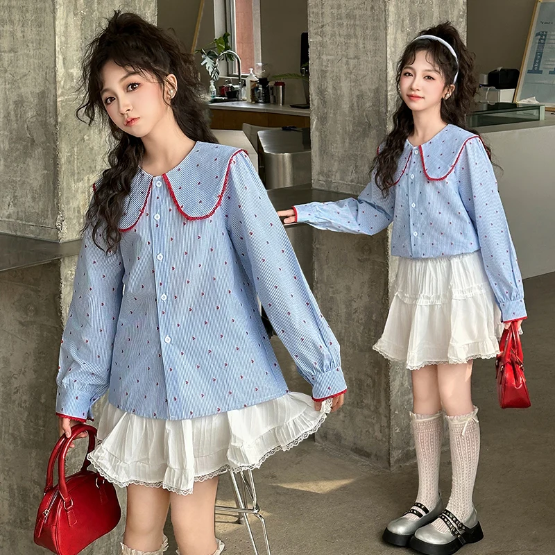 

Spring Autumn School Girl Long Sleeve Peter Pan Collar Blouse with Hearts Kids Child Luxury Clothing Casual Blue Striped Shirt