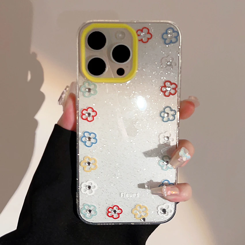 컬러풀 플라워 폰 케이스 아이폰 16 15 14 13 프로 12 11 맥스 플러스 16프로 글리터 장식 폰 케이스 글리터 15프로맥스 커버