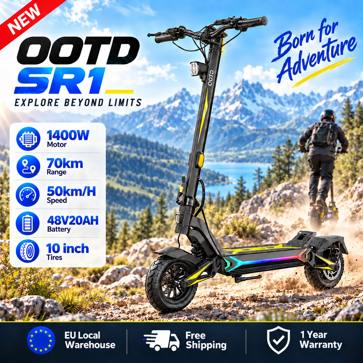 Patinete eléctrico plegable para adultos OOTD SR1, batería de 1400 W y 48 V, 20 Ah, velocidad de 45-50 km/h, autonomía máxima de 70 km