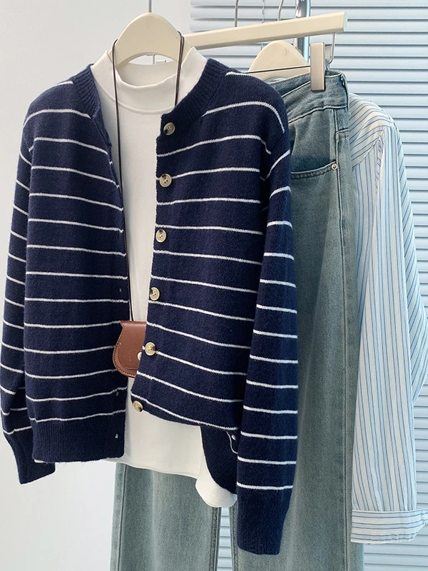 

Retro Striped Long Sve Knitted Open Cardigan plus Size Faionable Layering Sweater Jaet Women's Commute Sle Loose Fit