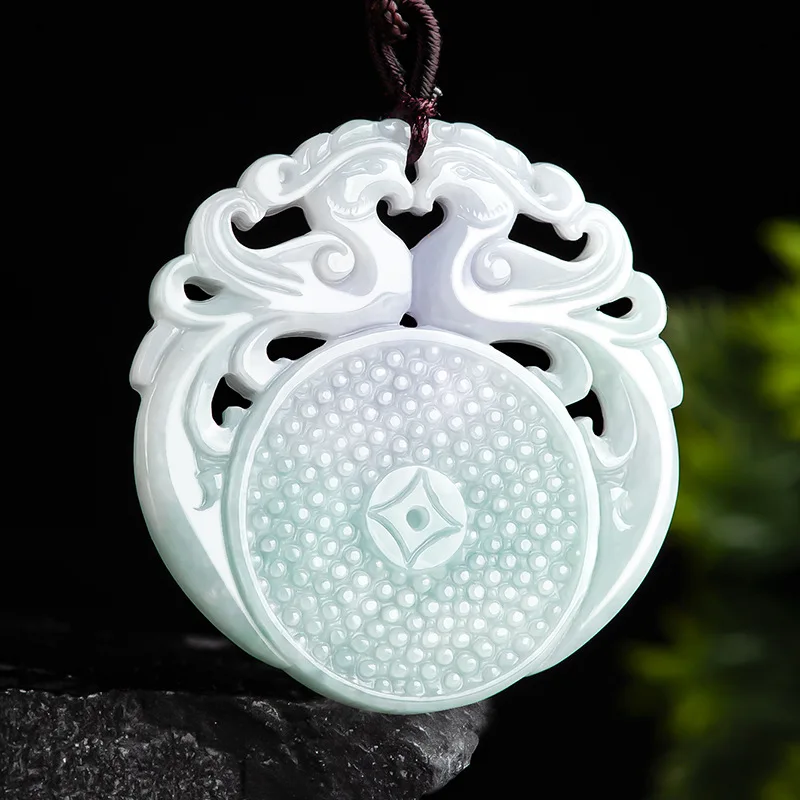 

Natural Myanmar A-grade Jade Hollow Antique Double Phoenix Jadeite Pendant With Ancient Style Couple Charms Jewelry Drop Ship