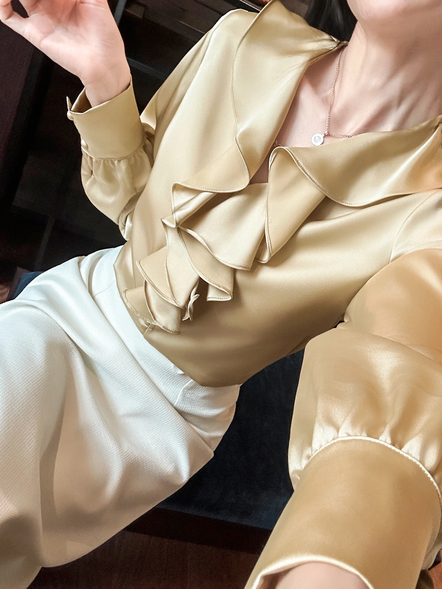 

Женская деловая повседневная блузка из шелка с эффектом шенилла, золотистого оттенка, с длинным рукавом, не мнущаяся, для офиса и повседневной носки